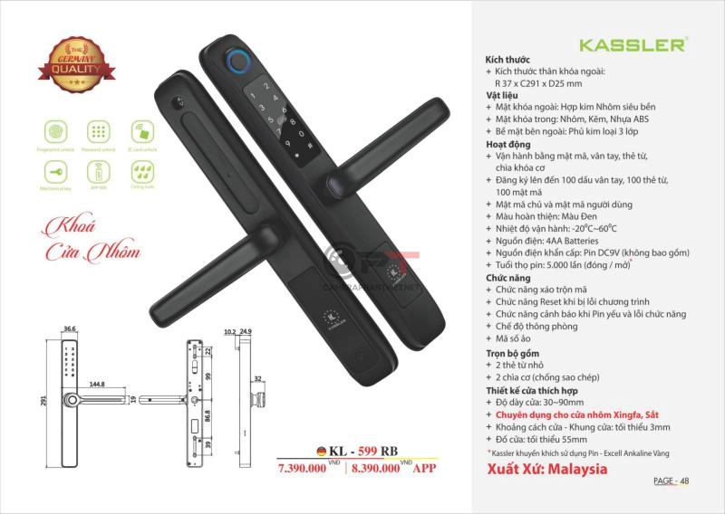Khóa vân tay cửa nhôm Kassler KL599 - RB - 3823
