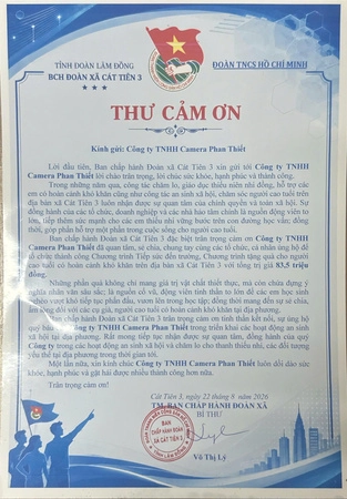 Thư cảm ơn của chính quyền xã CÁT TIÊN 3